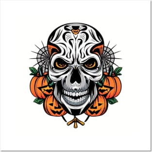 Halloween Skull with Pumpkins Posters and Art